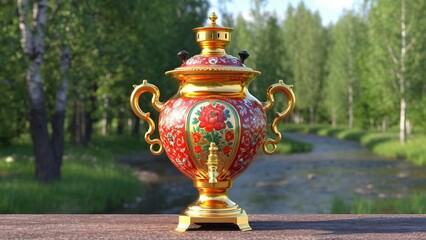 Naklejka premium antique bronze jug, russians samovar, folk item, tradition, antiques, folk traditions, tea, tea drinking, treats, Russian style