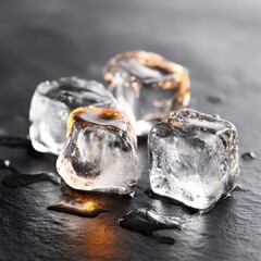 Close up shot of four ice cubes melting on a textured dark surface with visible water droplets reflecting light