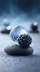 Blackberry and transparent ice sphere on a smooth dark gray stone with water droplets on a blue background