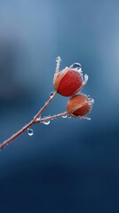Two red berries on a branch are covered with ice crystals and water droplets set against a blurred blue background in a