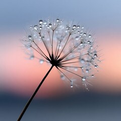 Dandelion seed head covered in water droplets with blurred background displaying a gradient of pink blue and grey