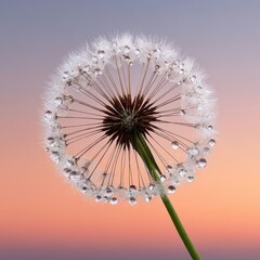 Dandelion seed head with water droplets against a soft gradient background of pastel colors The droplets cling to the