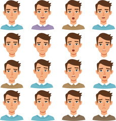 Create a kinds of deferent face, people, avatar, icon, vector, cartoon, set, hair, head, boy, woman, character, vector art with white background