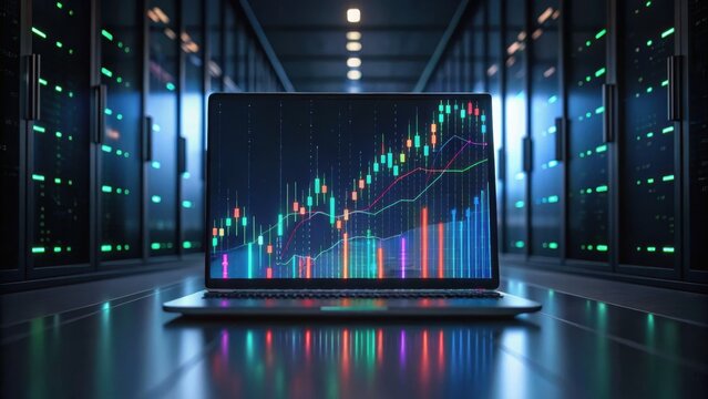 A laptop displaying financial data is placed in a high-tech server room, emphasizing technology and modern business analytics.