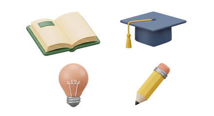 Education Icons Books, Graduation Cap, Lightbulb, Pencil - Knowledge, Learning, and Ideas