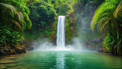 A stunning waterfall cascading into a serene green pool, surrounded by lush tropical vegetation, creating a peaceful natural oasis.
