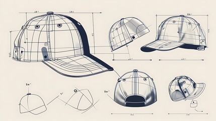 Technical drawing of a baseball cap with measurements.