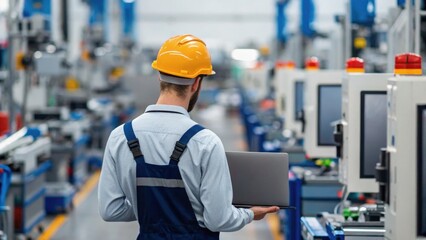 A worker in a safety helmet holds a laptop while overseeing a modern manufacturing facility filled with machinery.