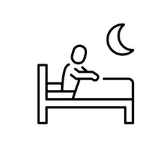 Fototapeta premium Sleep problem icon outline style. Figure sitting up in bed with moon in background showing insomnia or restless night. Thin line symbol vector illustration.