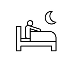 Awake at night icon outline style. A person in bed unable to sleep representing insomnia, anxiety, or night disturbance. Thin line symbol vector illustration.