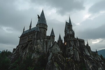 Fototapeta premium Massive stone castle on a craggy hill, dark clouds