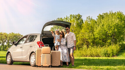 Travel car. Family trip countryside vehicle. Parents daughter outdoor road summer.
