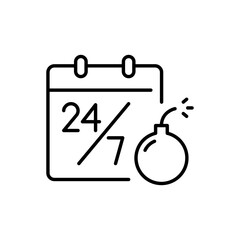 Burnout deadline calendar icon Editable outline clock and bomb symbol showing nonstop work fatigue stress thin line graphic for remote job pressure