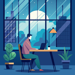 Working in rainy day office view