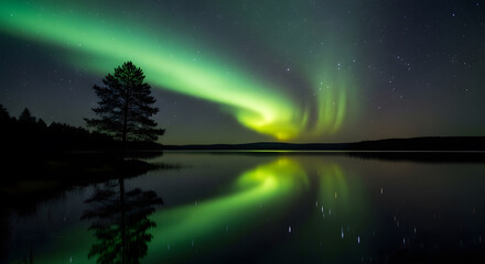Aurora Borealis in Green and Purple Reflected on a Calm Lake by a Forested Shore