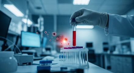 Fototapeta premium Scientist Holding Blood Sample Tube With Protective Gloves In Modern Laboratory With Blue Tones