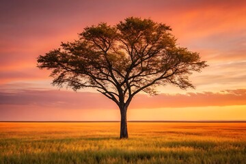 Obraz premium Single tree in golden field at sunset