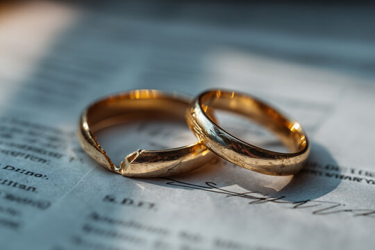 a broken wedding ring lying on a cold legal document