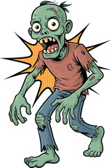 Cartoon scary green zombie with torn clothes, creepy undead character with bulging eyes, Halloween monster illustration, spooky horror comic zombie on white background