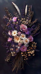 A beautiful bouquet of roses daisies and lavender with feathers creates an elegant and romantic floral arrangement against a dark background