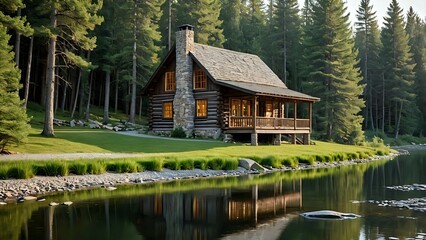 Fototapeta premium Secluded Log Cabin by the Lake Peaceful Lakeside Retreat