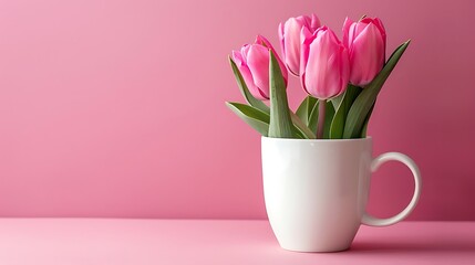 Obraz premium Pink tulips in a white mug against a pink background.