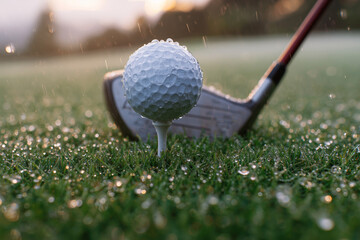 Casual golf game on the green: white golf ball on the tee, near the hole, and ready to be played on the grass