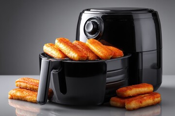 Air Fryer with Food Inside on Clean Counter Surface Highlighting Modern Kitchen Appliances