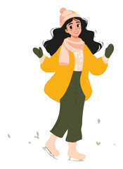 Cheerful Young Girl Ice Skating in Winter Outfit with Hat and Mittens