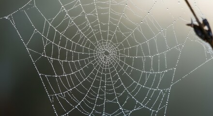 Intricate Spiderweb Glistening with Morning Dew A Close-Up View