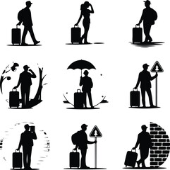 Traveler with Suitcase Icon Silhouette Set – Vacation Journey Pack Silhouette Set of Tourist Carrying Luggage – Travel & Holiday Icons
