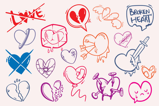 Broken Heart Doodle Hand Drawn Vector. Broken Hearts - Romance & Pain vector image
