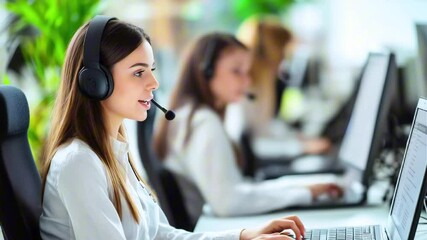 A woman in a headset smiles as she works on a laptop in a call center. She is surrounded by other people who are also working on their laptops. - Powered by Adobe