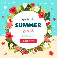 Round summer sale banner with tropical flowers, leaves, watermelon slices, and beach balls on sand and sea background. Vector template with "shop now" button and discount text.