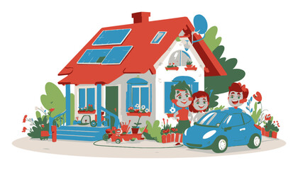 Naklejka premium Illustration of a Cheerful Family Outside a Green Eco-Friendly House