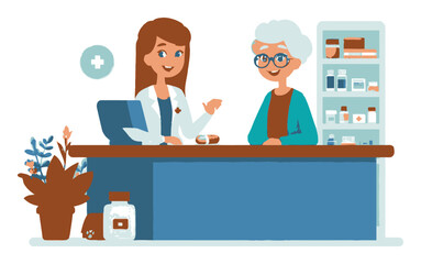 Friendly Pharmacist Assisting Senior Woman in Bright Pharmacy Setting