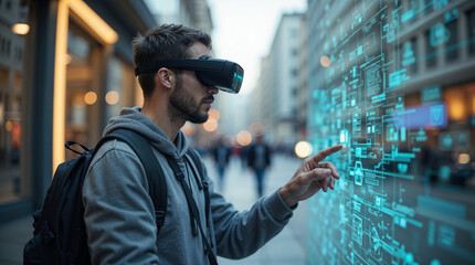A man wearing a virtual reality headset interacts with a holographic interface displaying futuristic data and charts on a large screen.