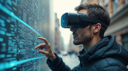 A man wearing a virtual reality headset interacts with a holographic interface displaying futuristic data and charts on a large screen.