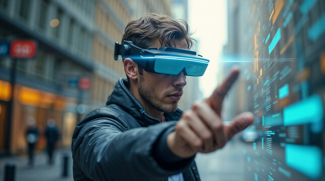 A man wearing a virtual reality headset interacts with a holographic interface displaying futuristic data and charts on a large screen.