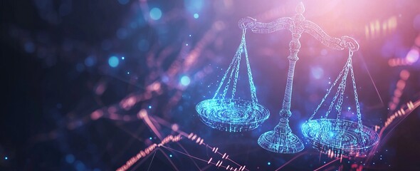 Legal Tech Innovation. Scales of Law Set Against a Digital Data Center Background