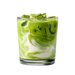 Refreshing iced matcha latte with cream swirl, modern clear glass