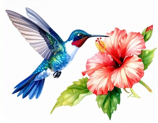 Obraz premium Ultra-detailed image of a hummingbird mid-flight next to a hibiscus