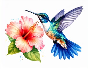 Obraz premium Ultra-detailed image of a hummingbird mid-flight next to a hibiscus