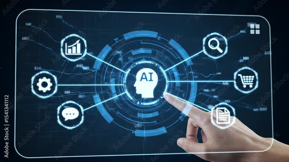 Poster Artificial intelligence technology and digital innovation with virtual interface, human hand touch, data analysis, communication, futuristic screen, interactive display, and document management