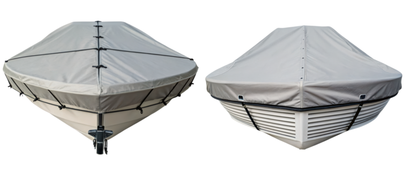 Two small boats covered with protective tarps isolated with transparent background
