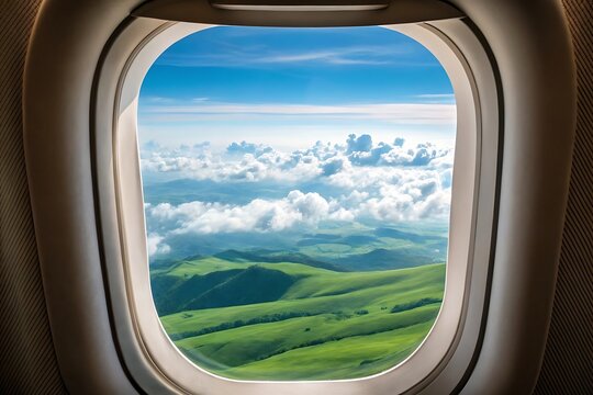 Airplane window view of green rolling hills and clouds