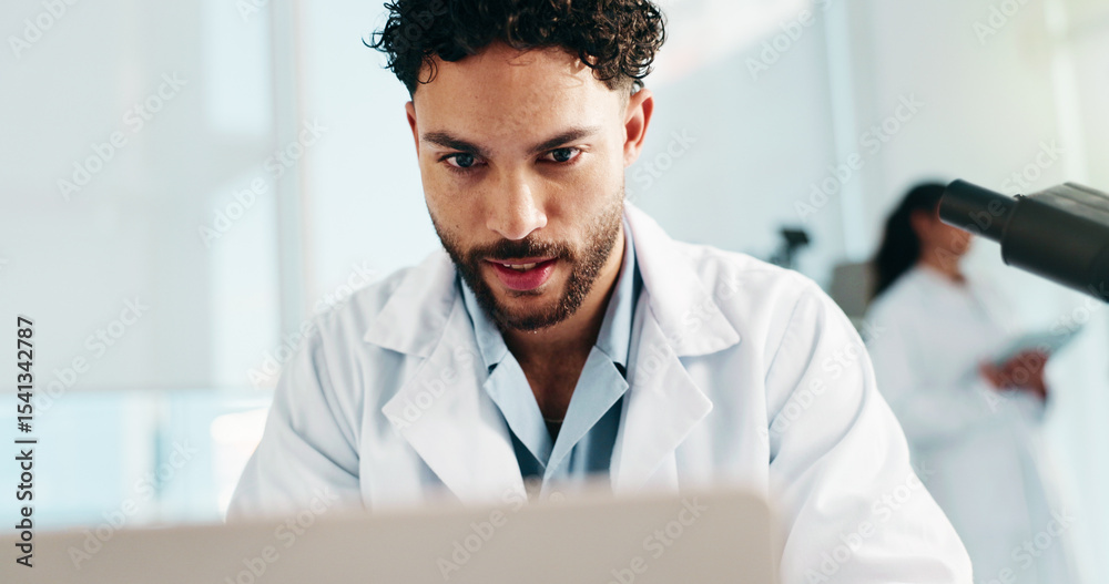 Poster man, scientist and science with laptop in lab of research, study results and medical experiment. mal