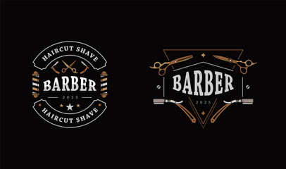 Elegant vintage-style barber shop logos featuring scissors, razors, and clippers in gold and white on a black background. Ideal for upscale grooming brand identity and barbershop branding