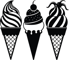 Set of delicious ice cream cones in various flavors and styles