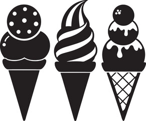 Set of delicious ice cream cones in various flavors and styles